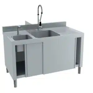 Combiné plonge / lave main, avec dosseret, portes coulissantes, en inox AISI 304, 2 bacs