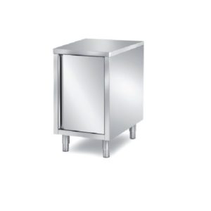 Meuble bas, 1 porte battante doublée, central, inox ferritique, avec dosseret, L 600 x P 700 x H 850 mm