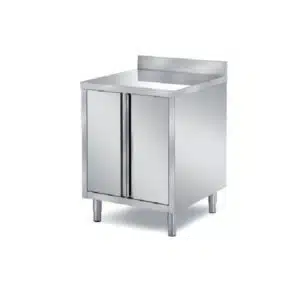 Meuble bas, 2 portes battantes doublées, central, inox ferritique, avec dosseret, prof 700 mm