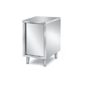 Meuble bas, 1 porte battante doublée, central, inox ferritique, avec dosseret, L 600 x P 700 x H 850 mm