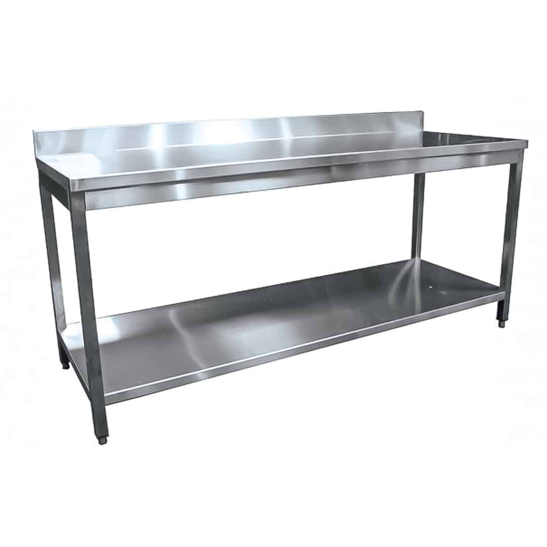 Table démontable pieds carrés, inox AISI 304, adossée + étagère, P 600 mm