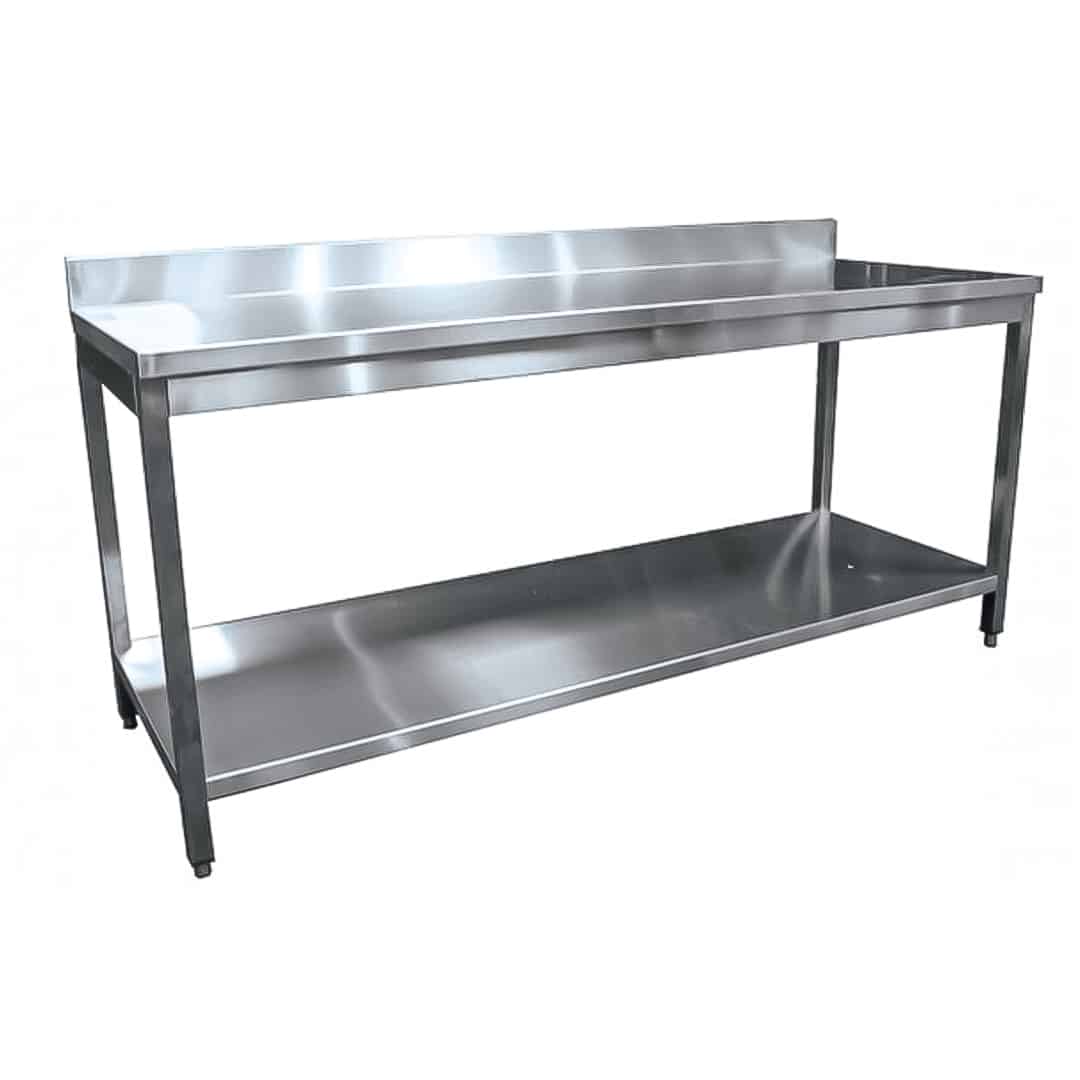 Table démontable pieds carrés, inox AISI 304, adossée + étagère, P 700 mm