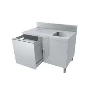 Meuble combiné lave-main/poubelle, 1 porte battante avec loqueteau, 1 tiroir coulissant, profondeur 700