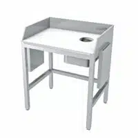 Table de préparation avec goulotte à déchets, dessus plaque polyéthylène blanc