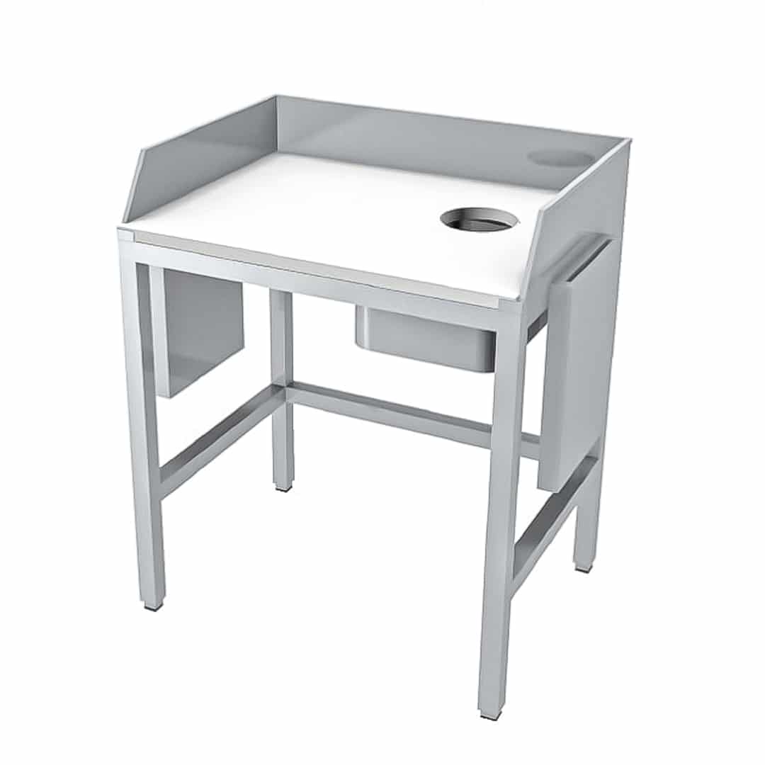 Table de préparation avec goulotte à déchets, dessus plaque polyéthylène blanc