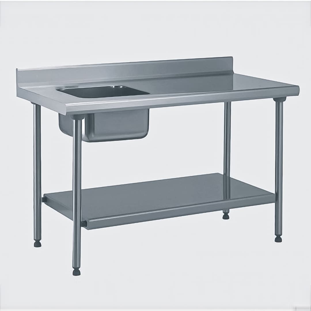 Table du chef TS 15N soudée sans robinet à dosseret + étagère largeur 700 mm bac à gauche