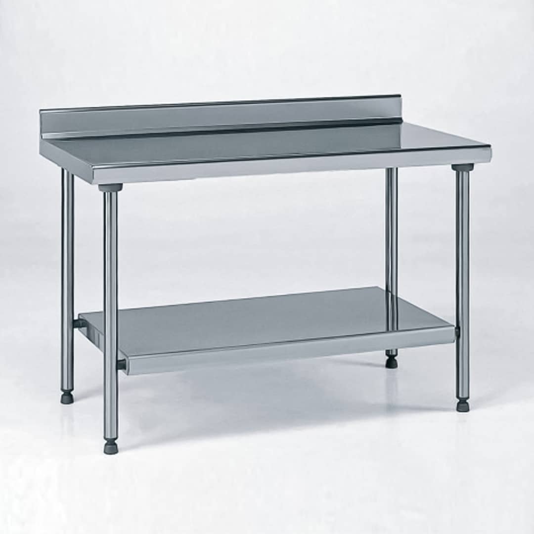 Table inox TS 15N démontable sur piétement à dosseret + étagère pieds ronds largeur 700 mm