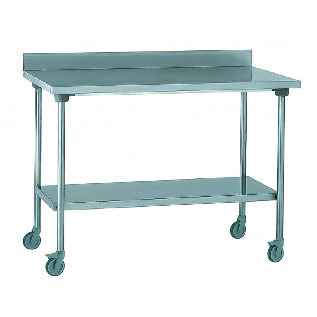 Table inox TS 15N démontable sur roues à dosseret + étagère pieds ronds largeur 700 mm