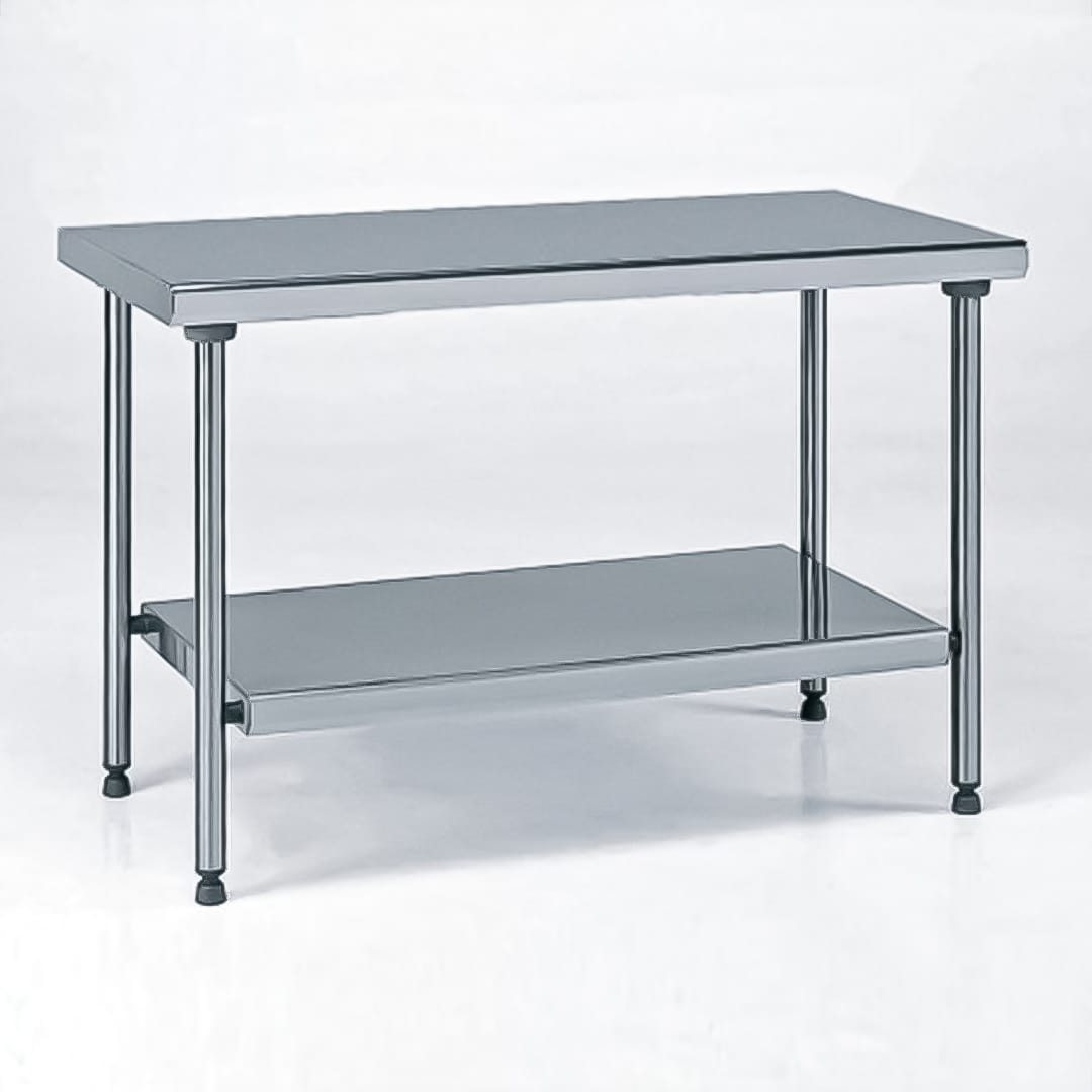 Table inox TS 15N démontable centrale + étagère sur mesure pieds ronds largeur 600 mm
