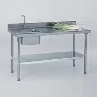 Table du chef sur-mesure avec robinet à dosseret + étagère largeur 700 mm avec bac à gauche