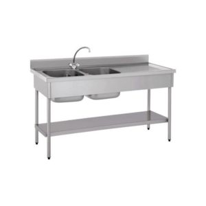 Plonge démontable, avec étagère, adossée, 2 bacs à gauche, 1 égouttoir à droite, L 1800 x l 600 x H 900 mm