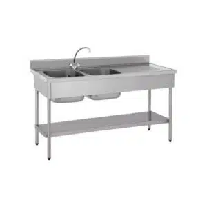 Plonge démontable, avec étagère, adossée, 2 bacs à gauche, 1 égouttoir à droite, L 1800 x l 600 x H 900 mm