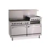 Fourneau 6 feux vifs plaque grillade surélevée sur 2 fours à gaz de 10kW