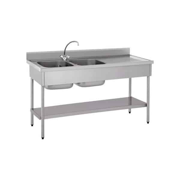 Plonge démontable, avec étagère, adossée, 2 bacs à gauche, 1 égouttoir à droite, L 1400 x l 700 x H 900 mm