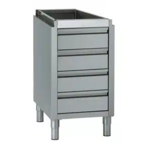 Meuble à 3 tiroirs avec bac GN 1/1 100 mm, inox + 1 tirette, sans dessus, longueur hors-tout 492 mm