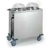 Chariot chauffant à 2 piles d’assiettes acier inoxydable avec couvercle, largeur 520 mm