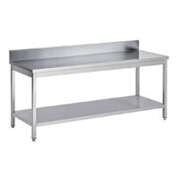 Table soudée bords droits, adossée + étagère, P 800 mm