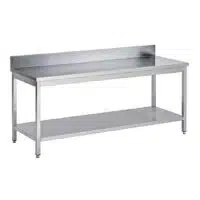 Table soudée bords droits, adossée + étagère, P 800 mm
