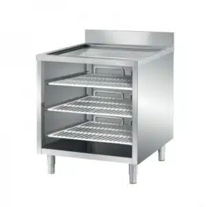 Meuble ouvert, avec dosseret, dessus égouttoir 3 étagères filaires, profondeur 700 mm