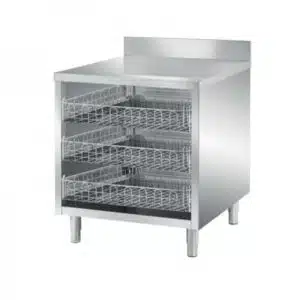 Meuble ouvert, avec dosseret, dessus lisse 3 paniers à verre filaires, profondeur 700 mm