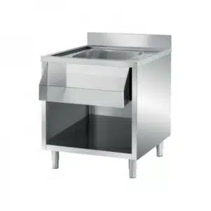 Plonge ouverte pré-percée avec porte-accessoire,en inox AISI 304, 1 bac au centre, profondeur 700 mm