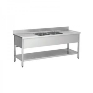Plonge démontable, adossée, avec étagère, avec égouttoir et 2 bacs au centre, acier inoxydable, L 2000 x P 600 x H 950 mm