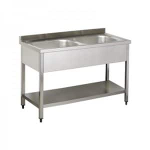 Plonge démontable, adossée, avec étagère, 2 bacs au centre, acier inoxydable, P 600 x H 950 mm