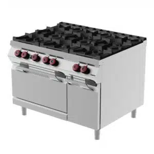 Cuisinière à gaz, avec 6 brûleurs, portes battantes, profondeur 900 mm