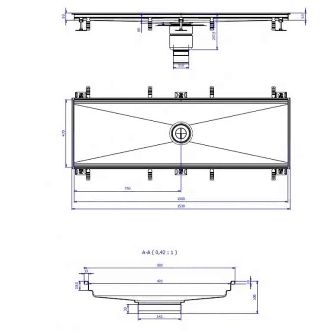 Caniveau H-First sortie verticale centrée 157/110 grille caill ad L15 INOX 304 L 1500 x P 470 mm sur mesure – Image 2