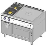 Cuisinière à gaz plaque coup-de-feu , + 2 feux vifs sur four à gaz et armoire neutre-allumage piezo