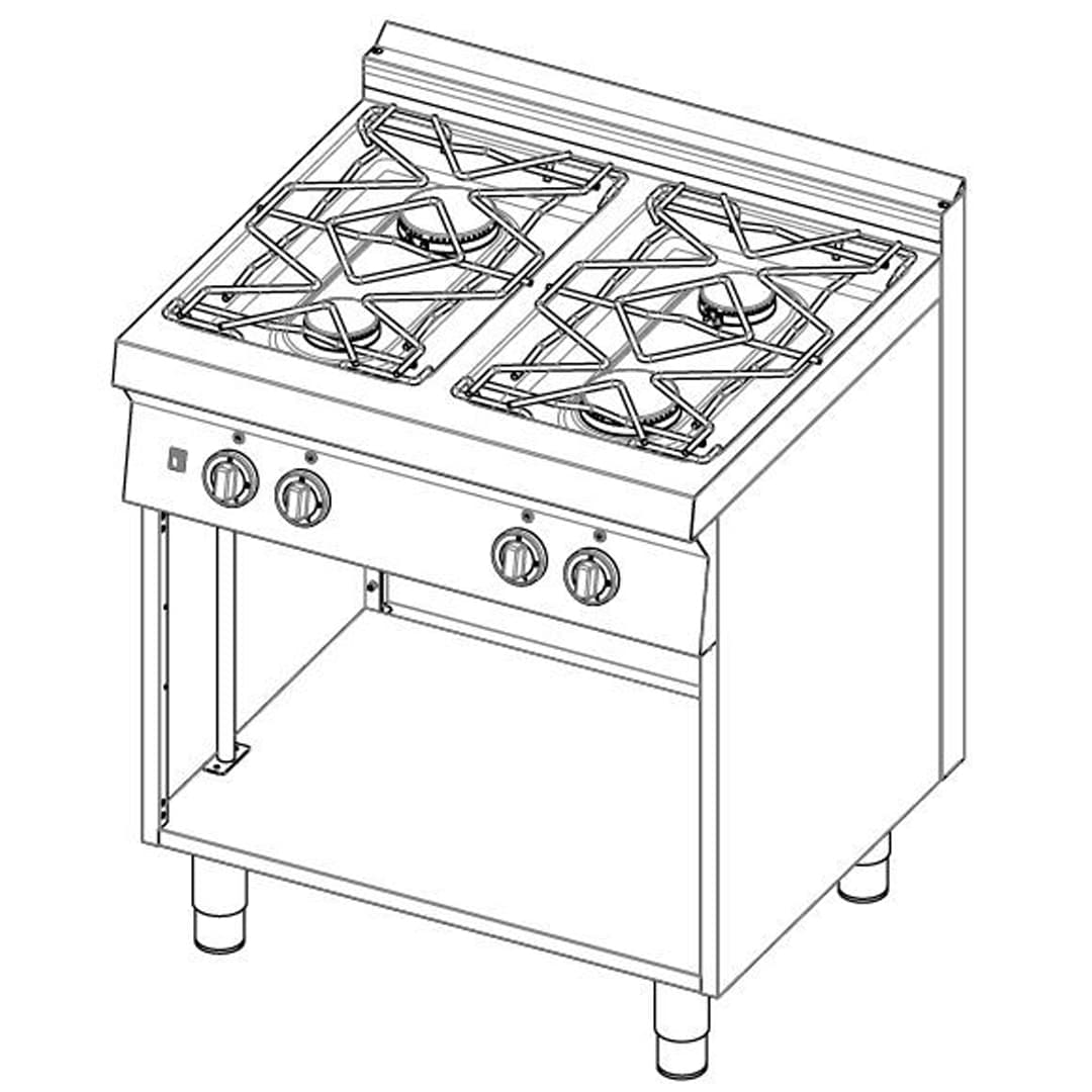 Cuisinière à gaz, avec 4 brûleurs, sans portes, profondeur 720 mm
