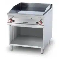 Fry top gaz plaque acier 1/2 lisse 1/2 rainurée chrome 18 kW sur meuble ouvert