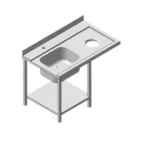 Table d'entrée avec 1 bac a gauche, 2 pieds, lave vaisselle à droite, longueur 1200 mm