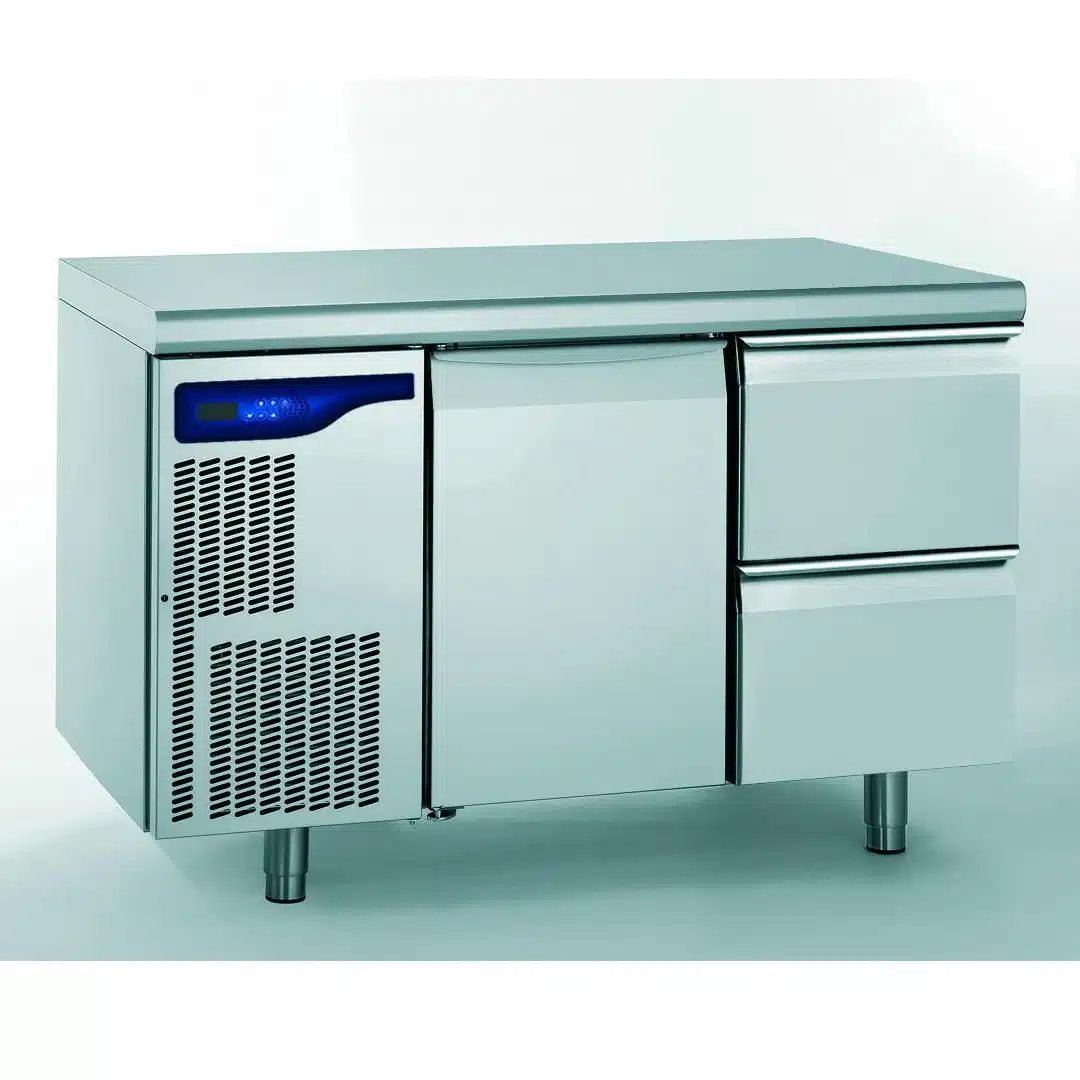Meuble réfrigéré gastronorme avec groupe acier inoxydable 1 porte + 2 tiroirs(ht 320 + 105 mm) 698 W