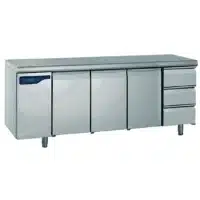 Meuble réfrigéré gastronorme sans groupe acier inoxydable froid positif 3 portes + 3 tiroirs ht 105 mm 1170 W