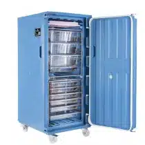 Conteneur isotherme 500 litres bleu clair sur roulettes et adaptateurs GN