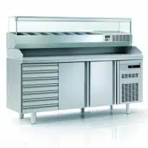 Meuble à pizza avec bloc 7 tiroirs neutres en inox, 2 portes pleines, 362 L