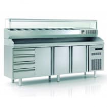 Meuble à pizza avec bloc 7 tiroirs neutres en inox, 3 portes pleines, 562 L