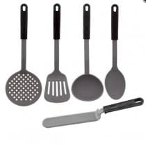 Set de 5 ustensiles: spatule, écumoire, louche, pelle et cuillère à sauce