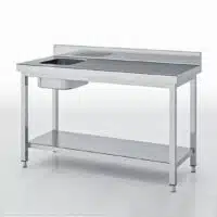 Table de chef, série 700, inox AISI-304 18/10 satiné, bac à gauche, adossée + étagère