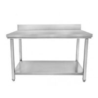 Table, inox AISI 201, adossé avec étagère, pieds carrés, profondeur 600 mm