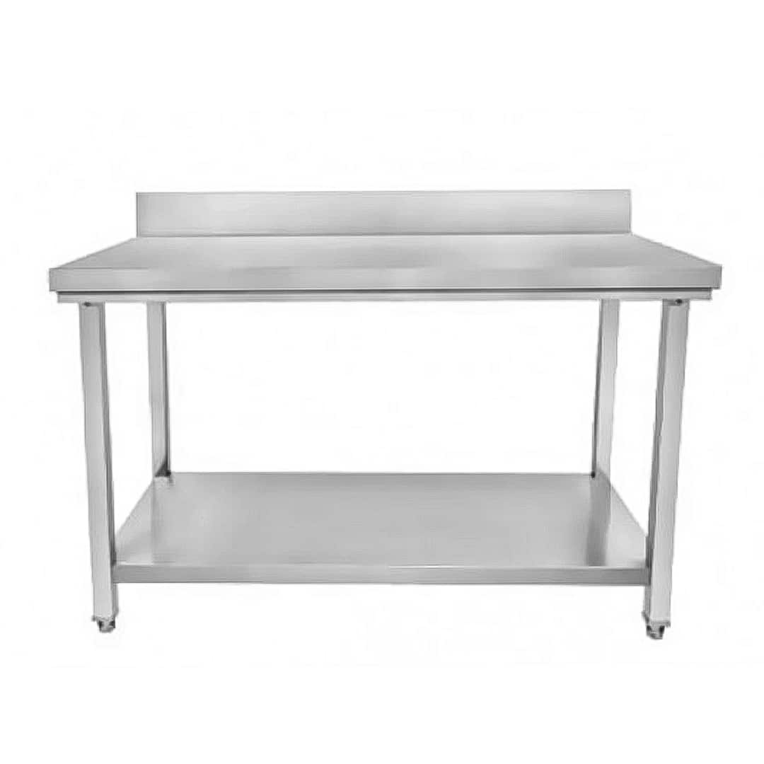 Table, inox AISI 201, adossé avec étagère, pieds carrés, profondeur 600 mm