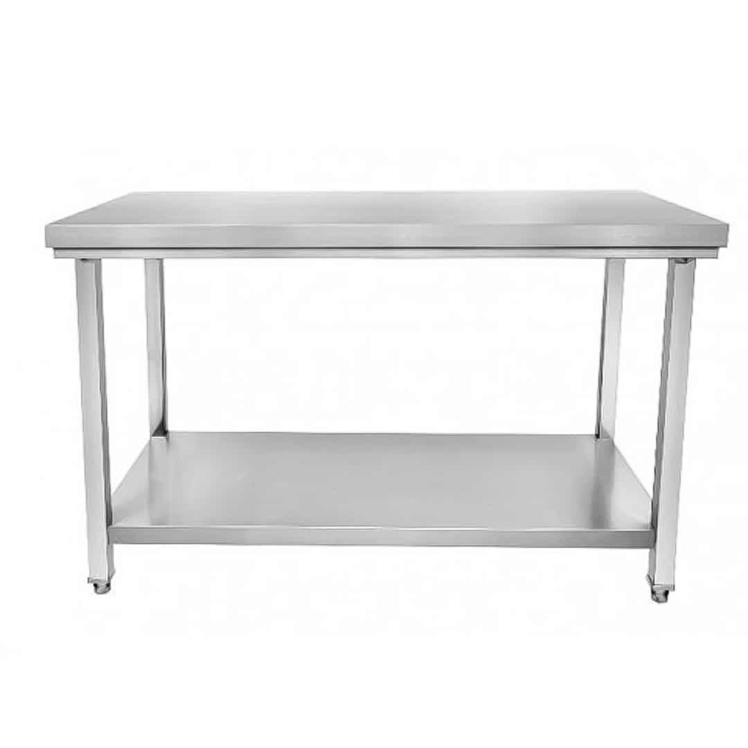 Table, inox AISI 201, centrale avec étagère, pieds carrés, profondeur 600 mm