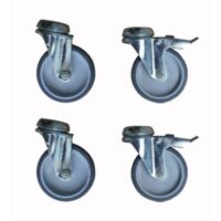 Kit 4 roues PVC en gomme noire avec fourche galvanisée, dont 2 avec frein pour table de travail