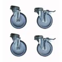 Kit 4 roues PVC en gomme noire avec fourche galvanisée, dont 2 avec frein pour table de travail