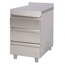 Meuble à 3 tiroirs avec dosseret, inox AISI 304, profondeur 700 mm