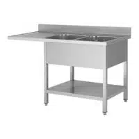 Plonge avec passage lave vaisselle sur pieds carrés, en inox AISI 201, 2 bacs, égouttoir a droite, L 1600 x P 700 mm