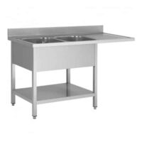 Plonge avec passage lave vaisselle sur pieds carrés, en inox AISI 201, 2 bacs, égouttoir a gauche, L 1600 x P 600 mm
