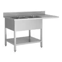 Plonge avec passage lave vaisselle sur pieds carrés, en inox AISI 201, 2 bacs, égouttoir a gauche, L 1600 x P 600 mm
