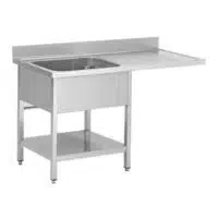 Plonge avec passage lave vaisselle sur pieds carrés, étagère pleine, en inox AISI 201, 1 bac, égouttoir a gauche, L 1200 mm
